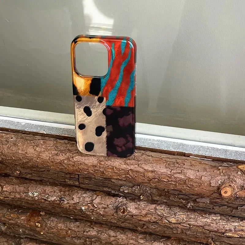 Retro Fourcolor Leopard Pattern Stitching iPhone Case