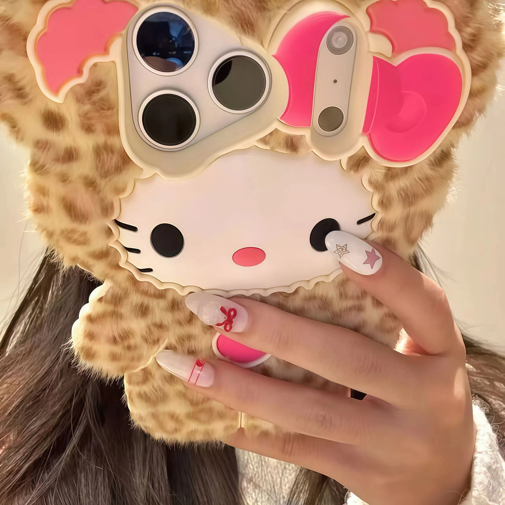 Cute Fluffy Leopard Print Hello Kitty iPhone Case