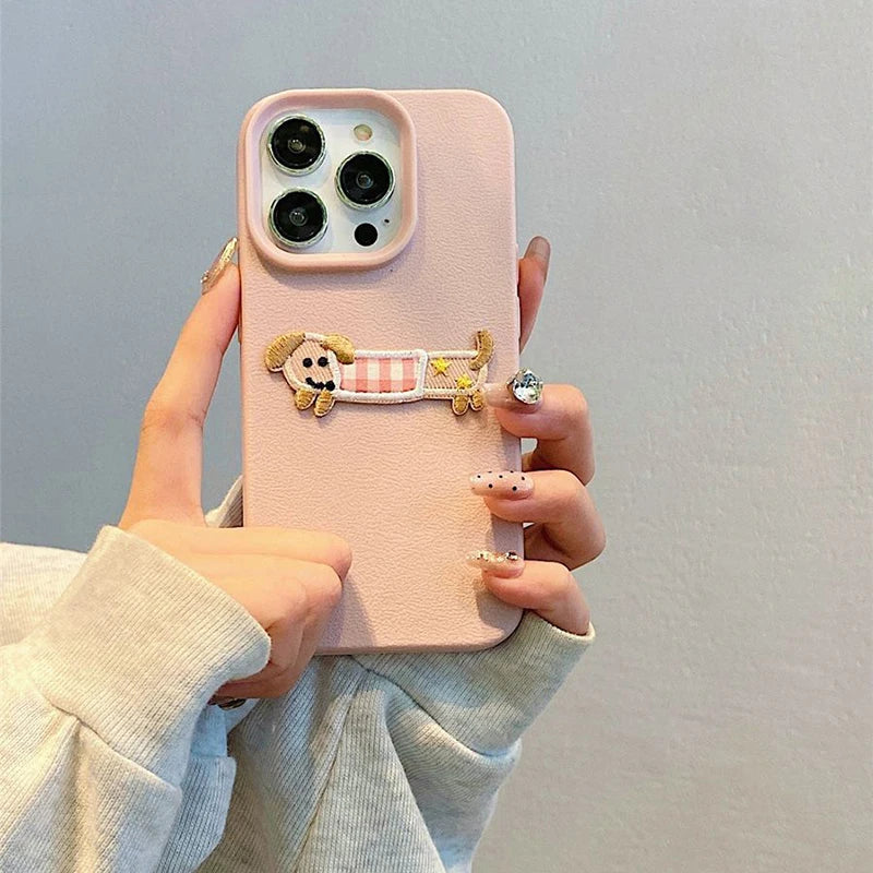 Cute 3D Cartoon Embroidery Dog iPhone Case