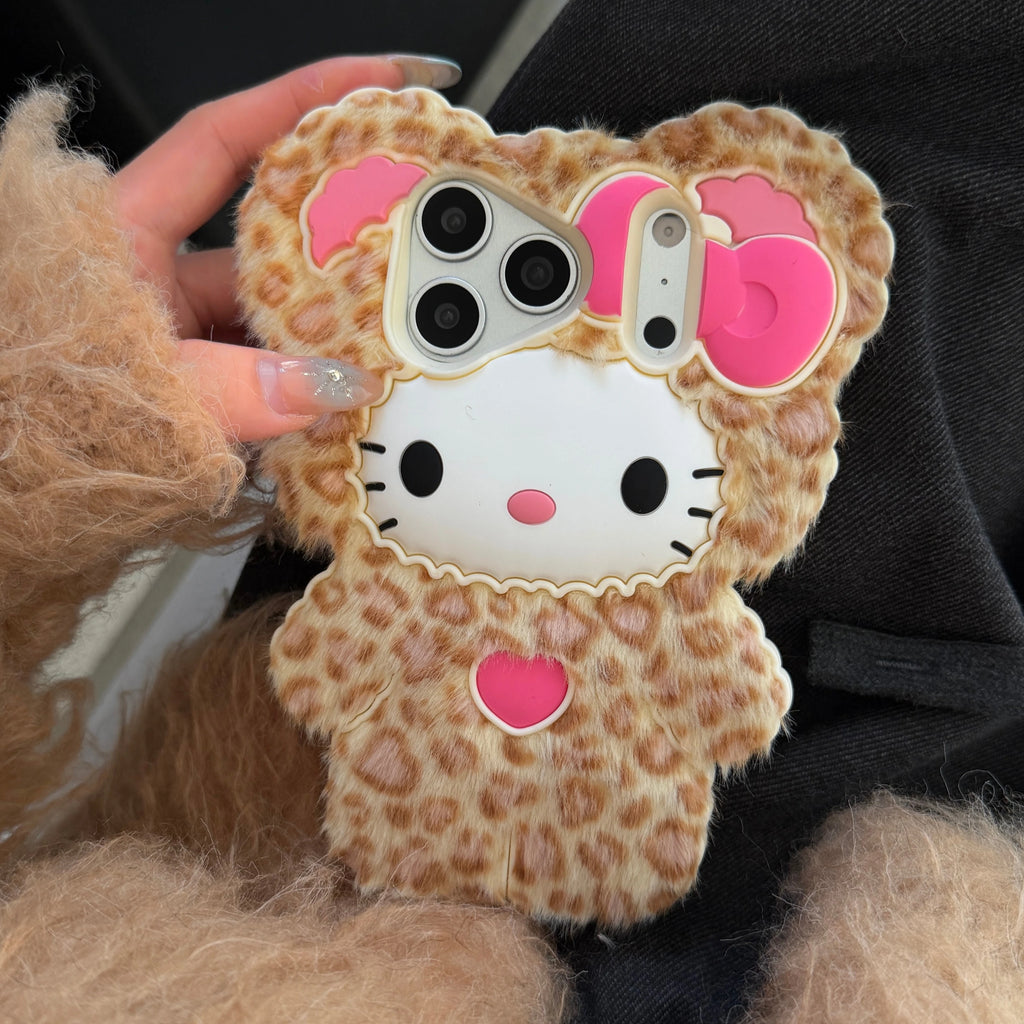 Cute Fluffy Leopard Print Hello Kitty iPhone Case