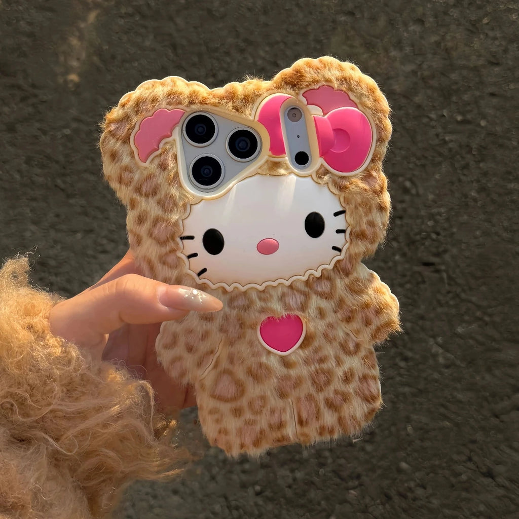 Cute Fluffy Leopard Print Hello Kitty iPhone Case