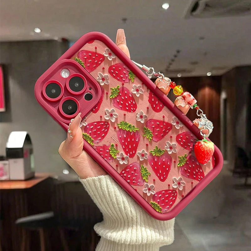 Flower Strawberry Painting Pendant Chain iPhone Case