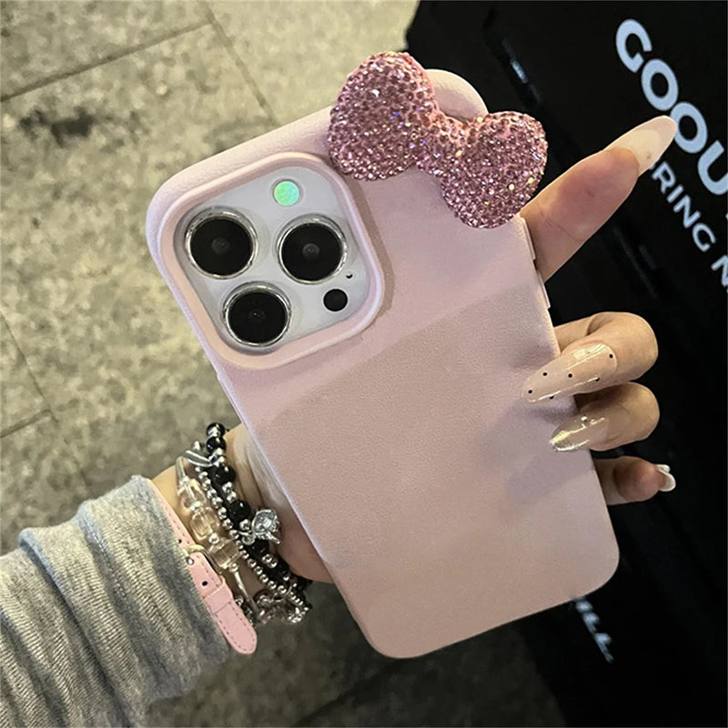 Rhinestone Bow Litchi Pattern Leather iPhone Case