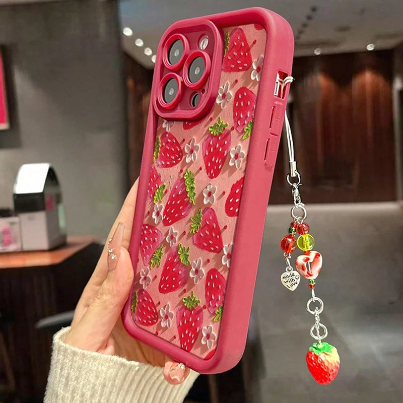 Flower Strawberry Painting Pendant Chain iPhone Case