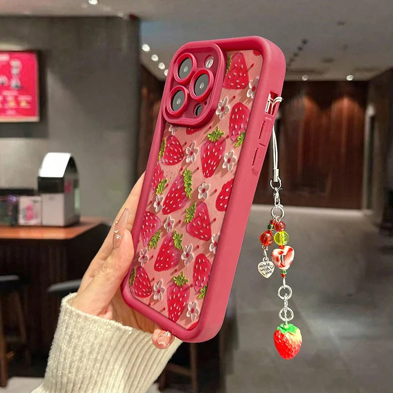 Flower Strawberry Painting Pendant Chain iPhone Case