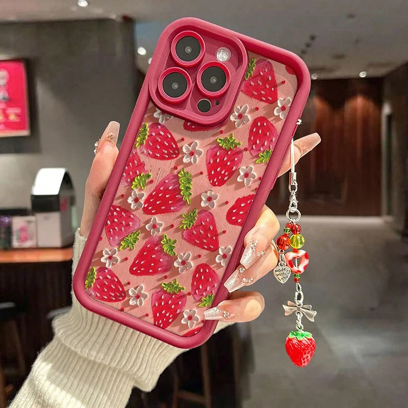 Flower Strawberry Painting Pendant Chain iPhone Case