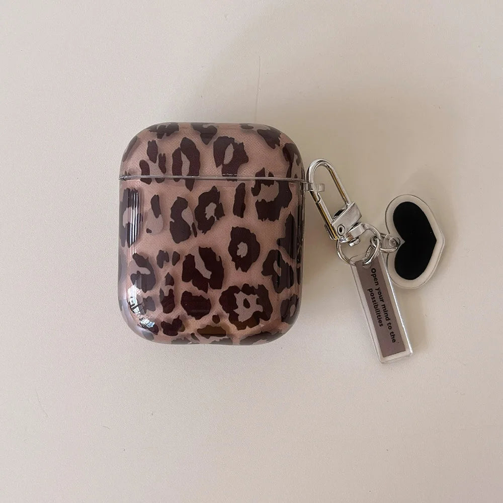 Leopard Print AirPods Case with Heart Pendant