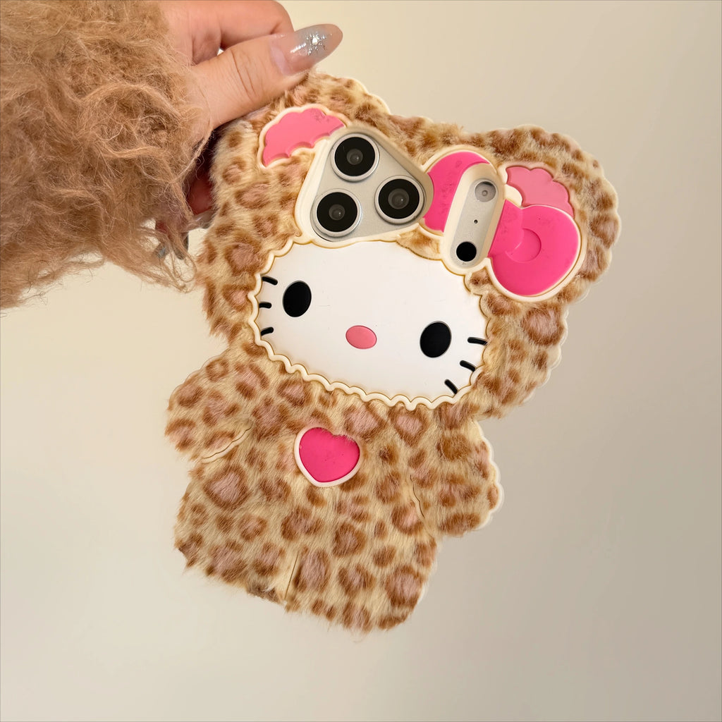 Cute Fluffy Leopard Print Hello Kitty iPhone Case