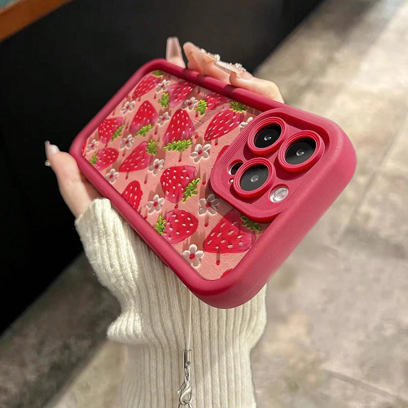 Flower Strawberry Painting Pendant Chain iPhone Case