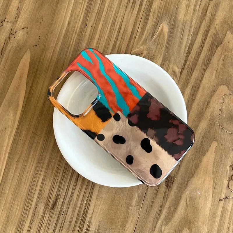 Retro Fourcolor Leopard Pattern Stitching iPhone Case