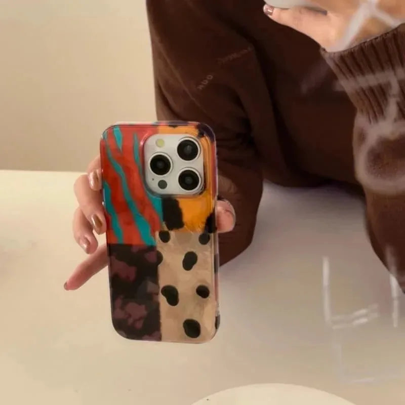 Retro Fourcolor Leopard Pattern Stitching iPhone Case