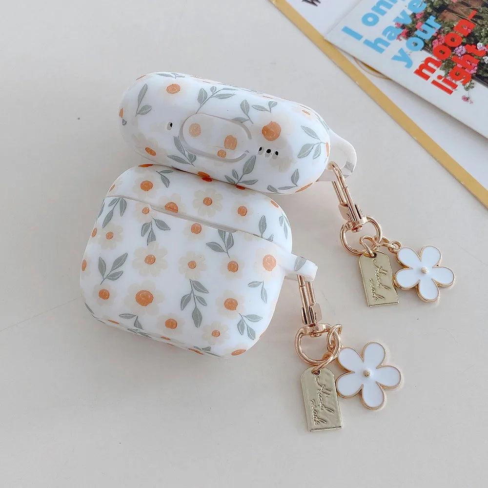 Flower Print AirPods Silicone Case with Keychain