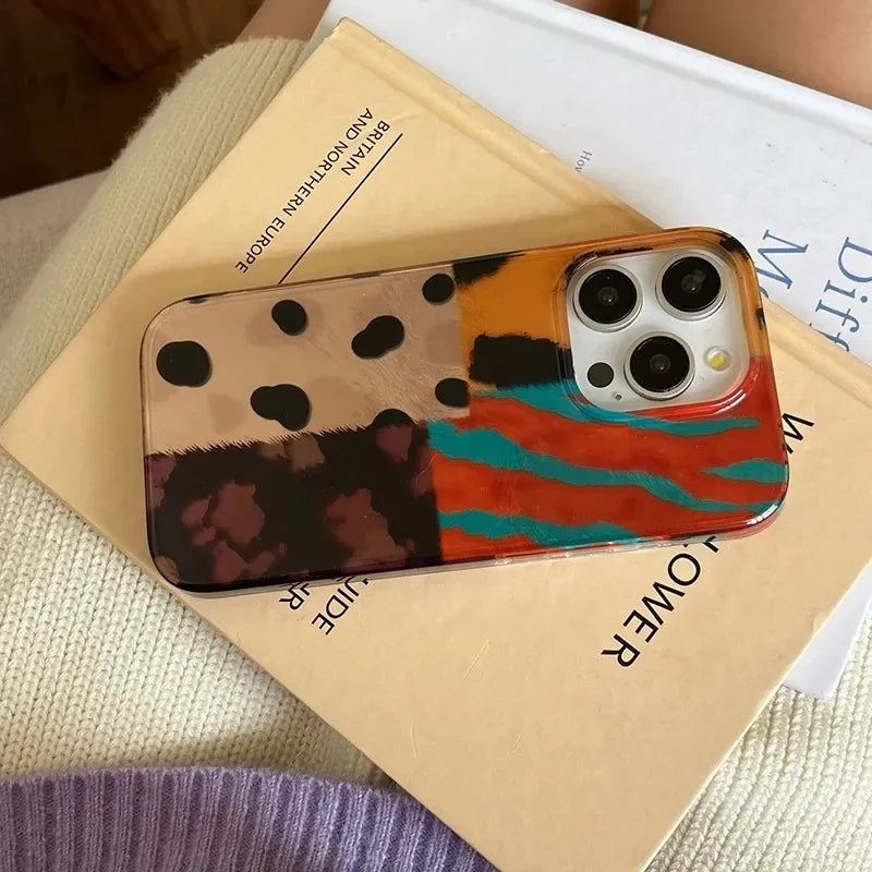 Retro Fourcolor Leopard Pattern Stitching iPhone Case