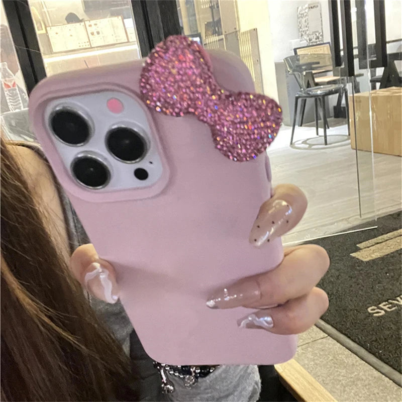 Rhinestone Bow Litchi Pattern Leather iPhone Case