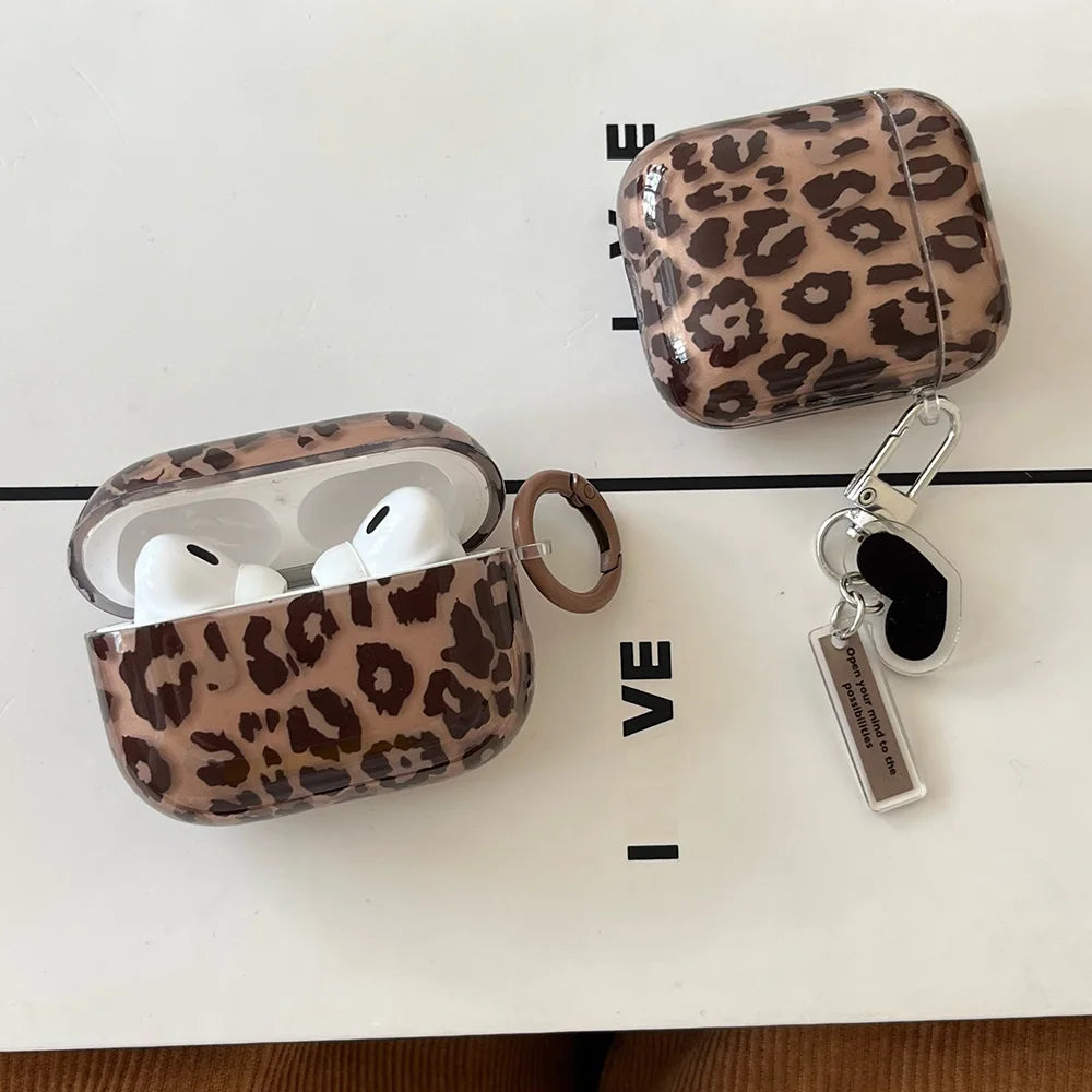 Leopard Print AirPods Case with Heart Pendant